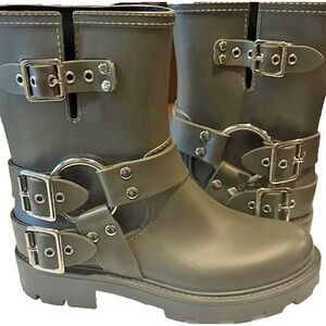 JEFFREY CAMPBELL Controller Army Green 6 Moto Buckles Lugged Sole Rain Booties